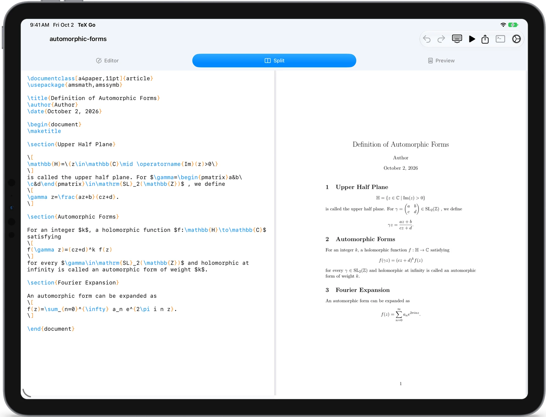 TeX Go on iPad, with LaTeX source on the left and the typeset PDF on the right.