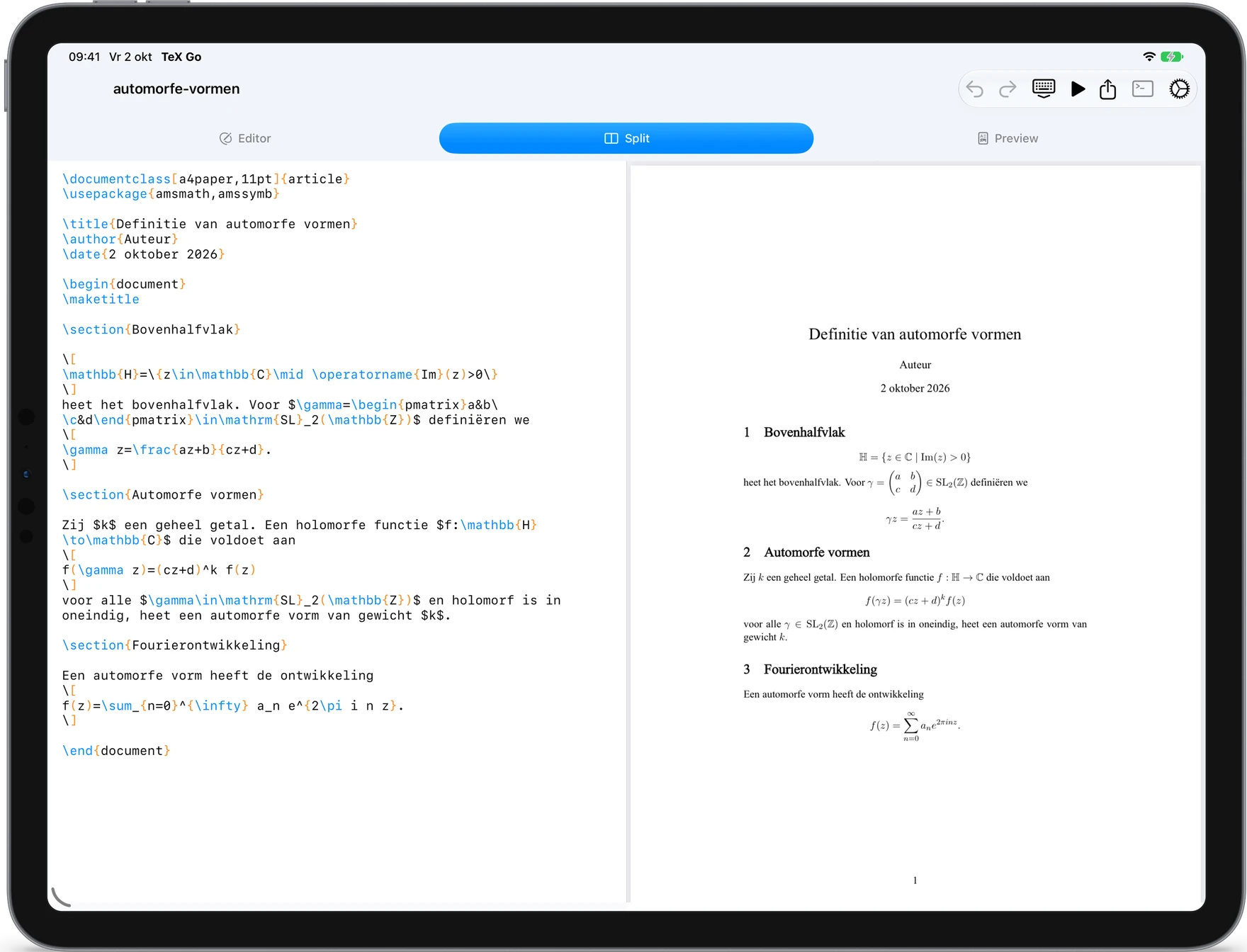 TeX Go op iPad, met links de LaTeX-broncode en rechts de gezette pdf.