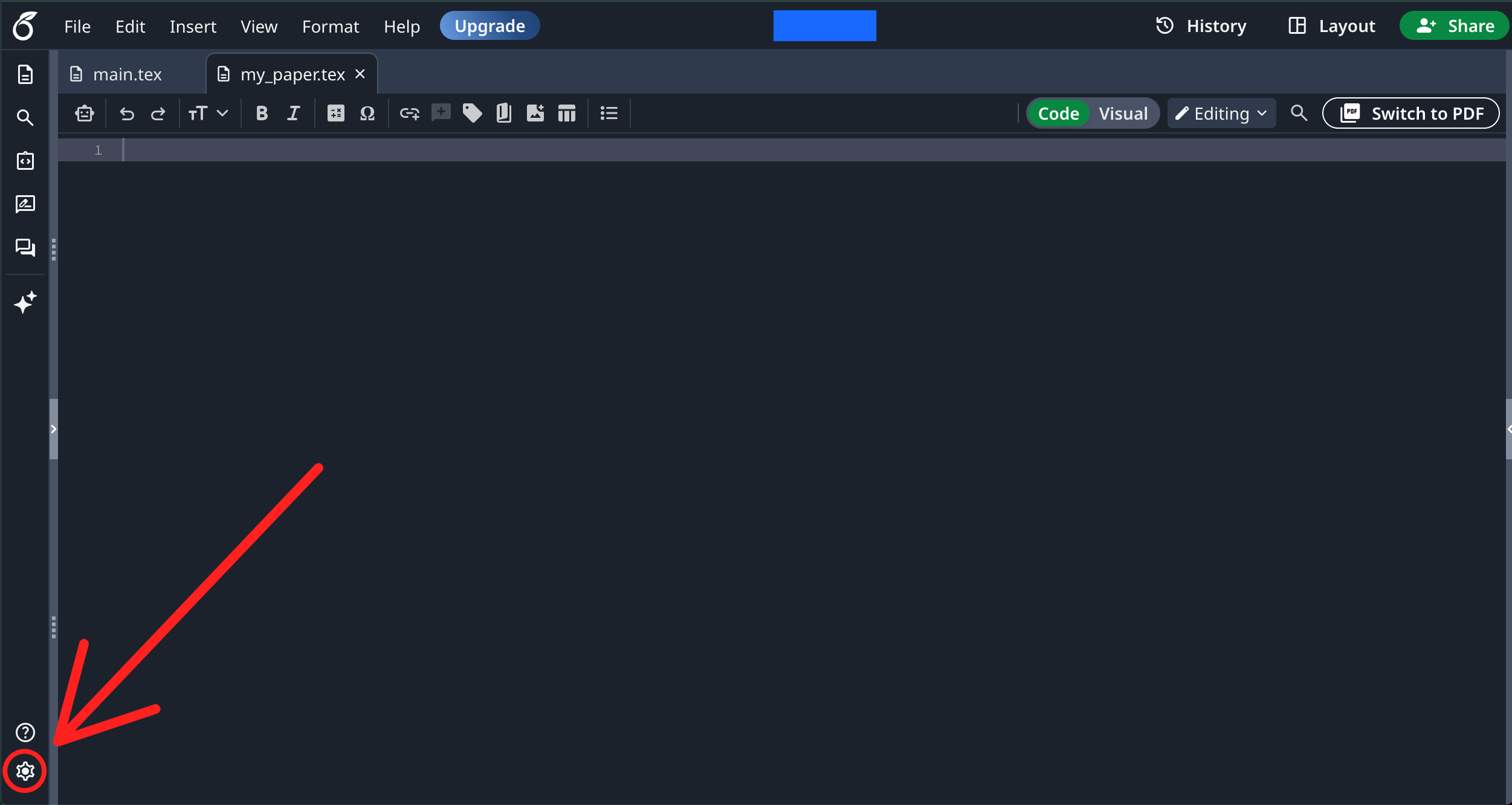 Editor de Overleaf. Se indica dónde está el menú de la cuenta, en la esquina inferior izquierda.