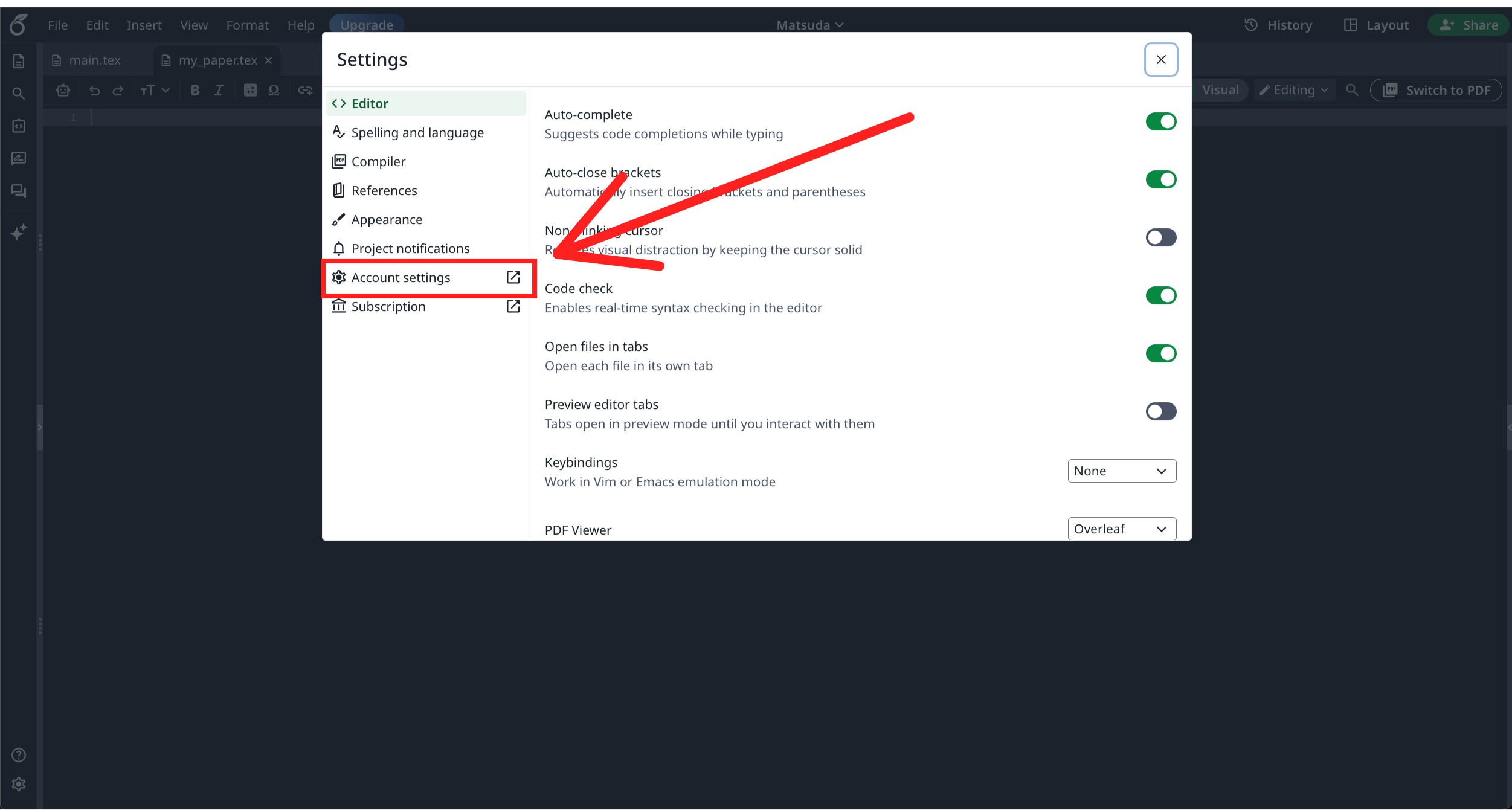 Pantalla de configuración de Overleaf. Account settings está marcado con un recuadro rojo.