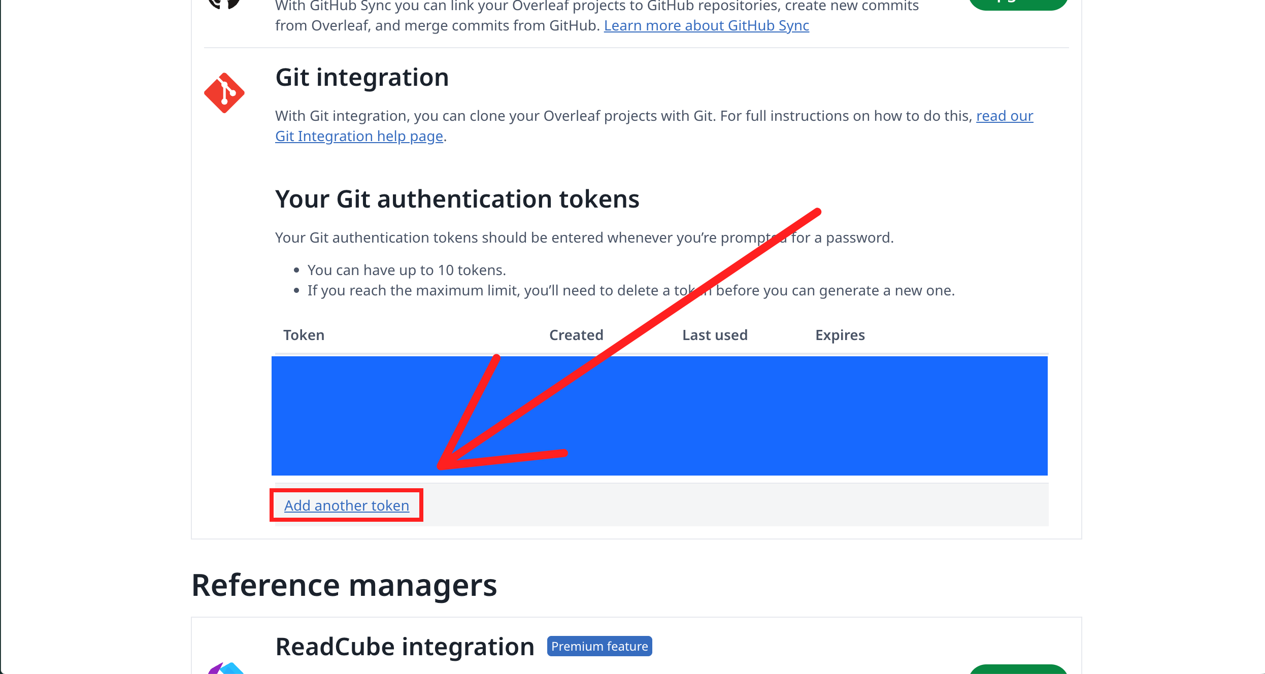 Git Integration de Overleaf. Add another token está marcado con un recuadro rojo.