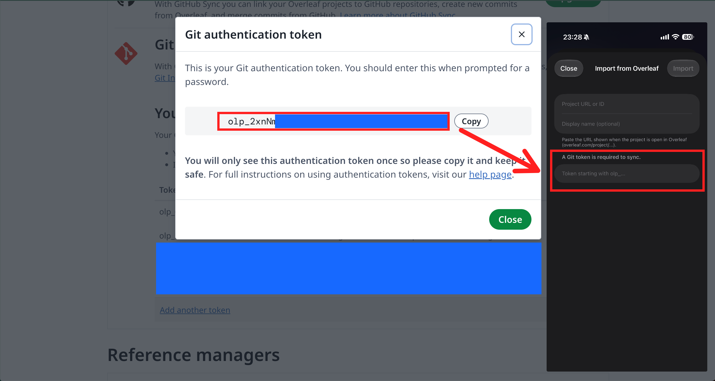 Pantalla del Git authentication token. El token está oculto con un recuadro negro.